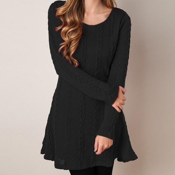Spring Four-Color Knit Padded Sweater Round Neck Long Sleeve Dress