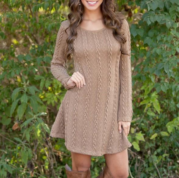 Spring Four-Color Knit Padded Sweater Round Neck Long Sleeve Dress