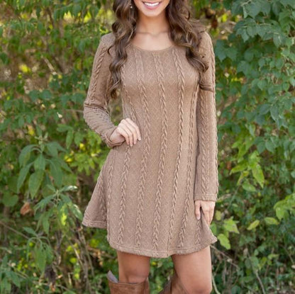Spring Four-Color Knit Padded Sweater Round Neck Long Sleeve Dress
