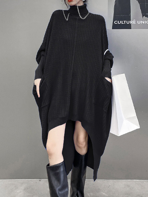 Batwing Sleeves High-Low Pockets Solid Color Split-Joint High-Neck Midi Dresses Sweater