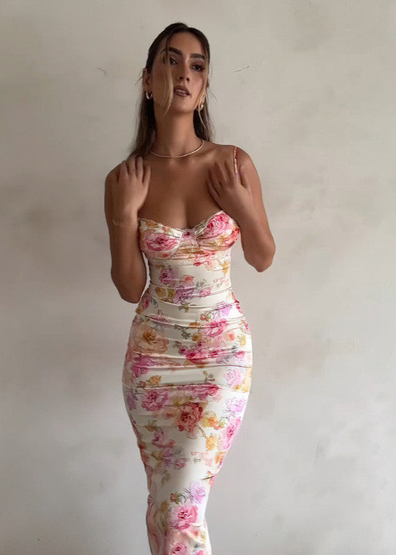 Floral Satin Bodycon Dress with Bustier Top