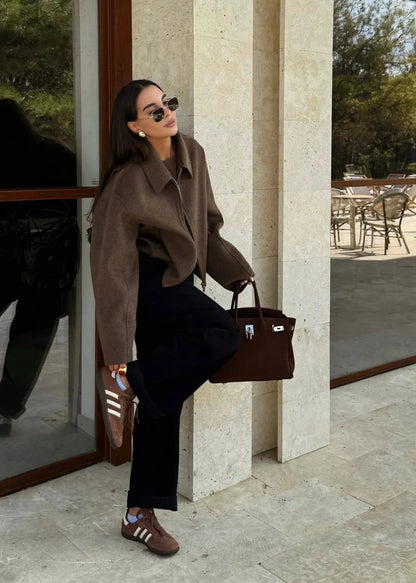 Woolen Lapel Jacket With Front Zipper Closure