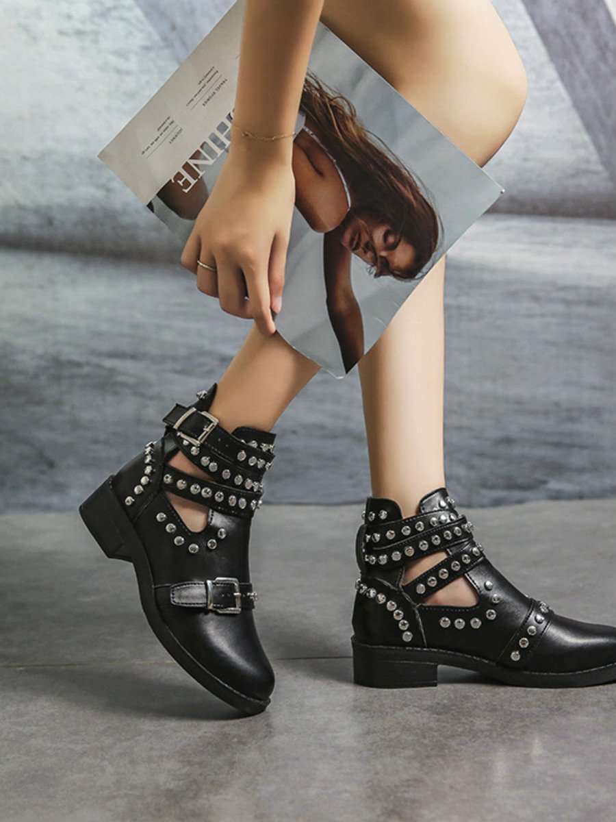 Round Head Stylish Metal Rivet Belt Buckle Martin Boots Women'S Boots.
