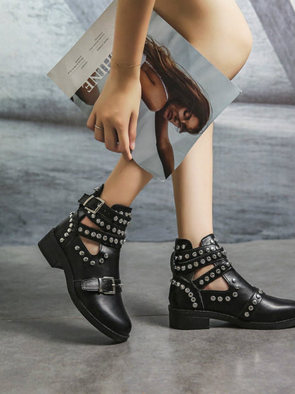 Round Head Stylish Metal Rivet Belt Buckle Martin Boots Women'S Boots.