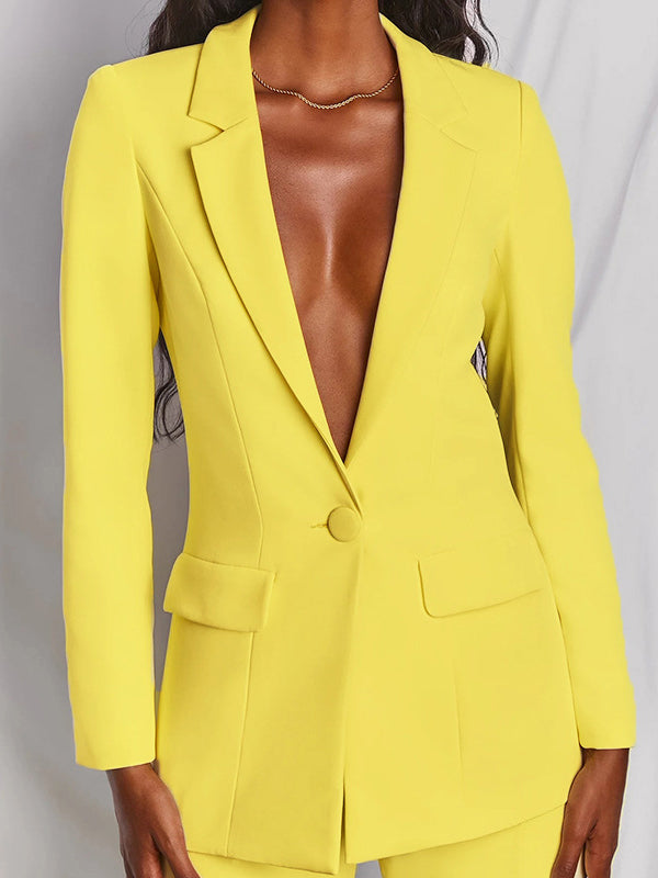 Long Sleeves Wrap Solid Color Deep V-Neck Cardigan&Pants Suits