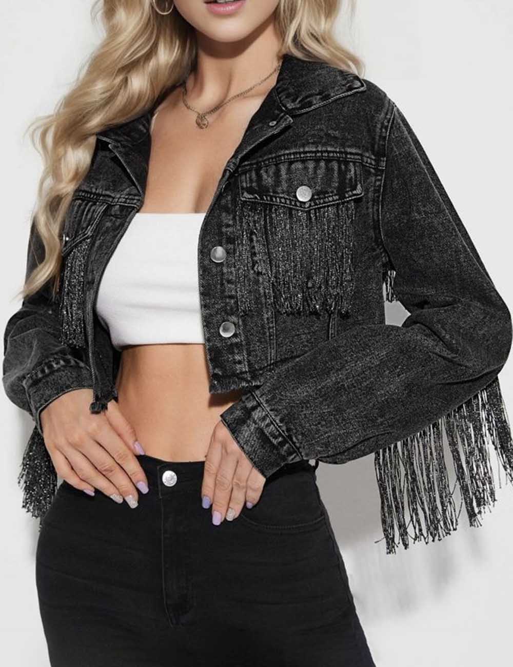 Trendy Lapel Collar Tassel Cropped Denim Jacket
