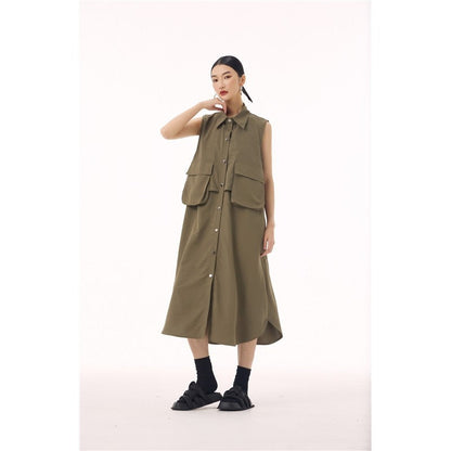 Polo Collar Vest Dress With Large Pocket