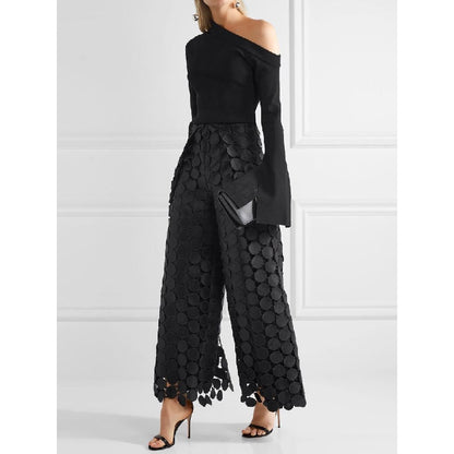 High Waisted Wide Leg Hollow Polka Dot Solid Color Pants Trousers