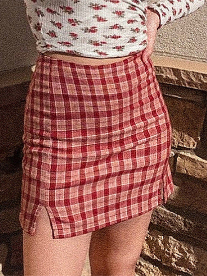 Spring And Summer Fashion Joker Pink Plaid Half-Length Hip Skirt