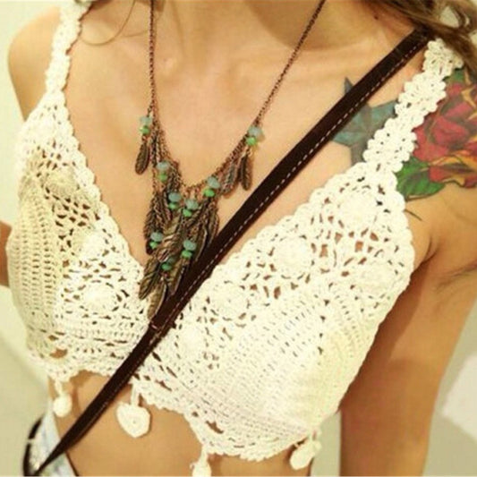 Hand Knitted Sexy Bikini Blouse Top Beach Knitted Hand Hook Tassel Vest For Women