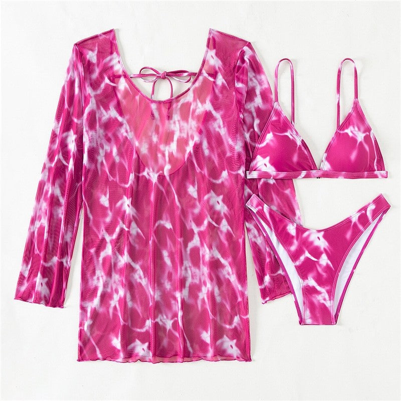 Split Three Piece Tie-Dye Printed Bikini Swimsuit