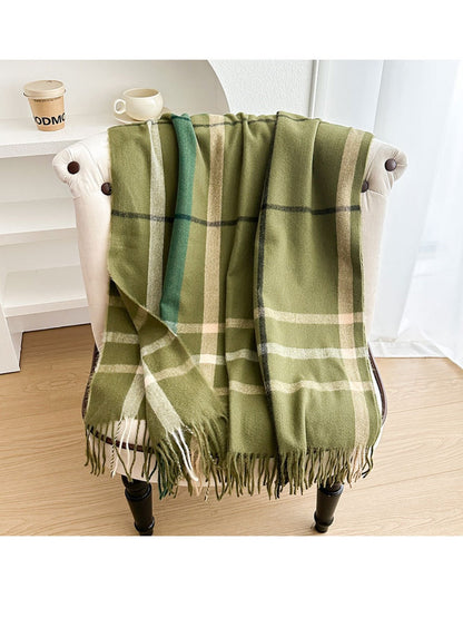 Scarvii - Reversible Color-Block Plaid Scarf with Fringe