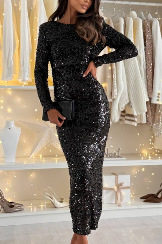 Sequined backless bodycon dress with tie-up straps.