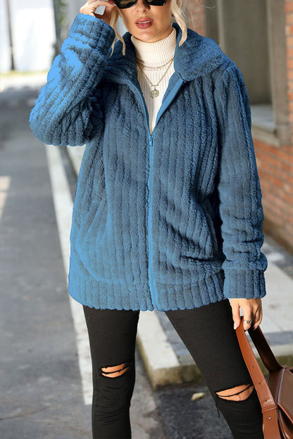 Lapel Collar Zipper Long Sleeve Solid Color Mid-length Double-sided Plush Jacket