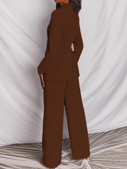 Long Sleeves Wrap Solid Color Deep V-Neck Cardigan&Pants Suits