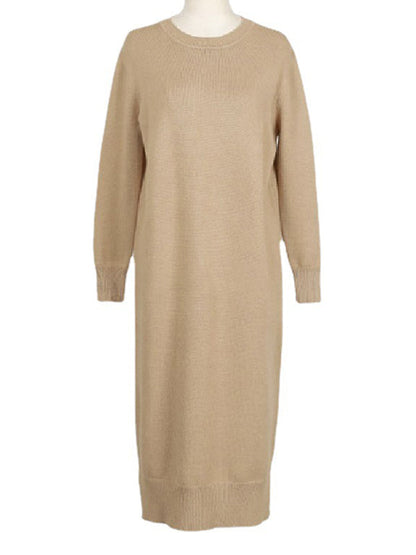 Urban Long Sleeves Loose Split-Side Solid Color Round-Neck Sweater Dresses