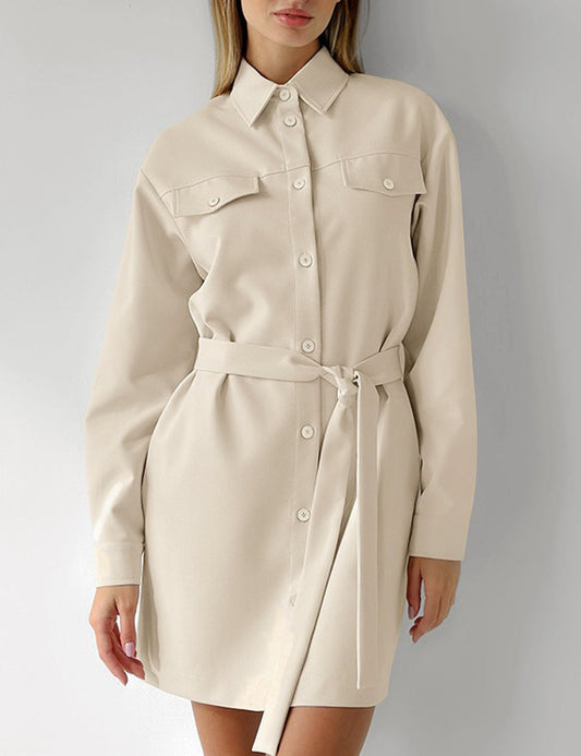 Belted Drop Shoulders Pockets Shirt Mini Dress