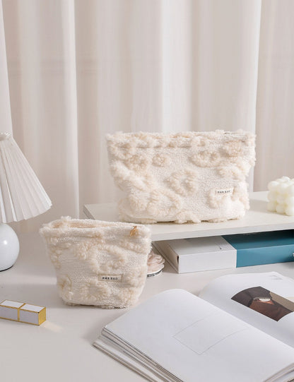 White Plushed Love Jacquard Make Up Bag