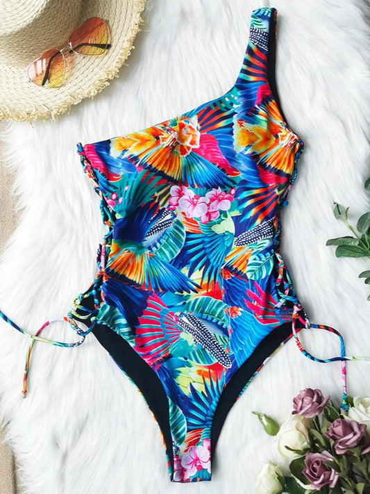 Women'S One Piece Swimsuit Print Sexy One Shoulder Strap Three Point Swimsuit