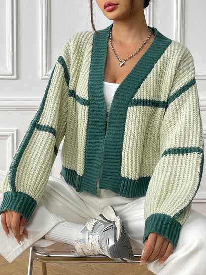Long Sleeves Loose Contrast Color Cardigan Sweater Tops