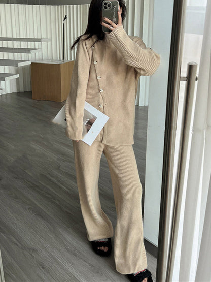 Casual Loose Solid Color Half Turtleneck Sweater Tops & Wide Leg Pants Suits