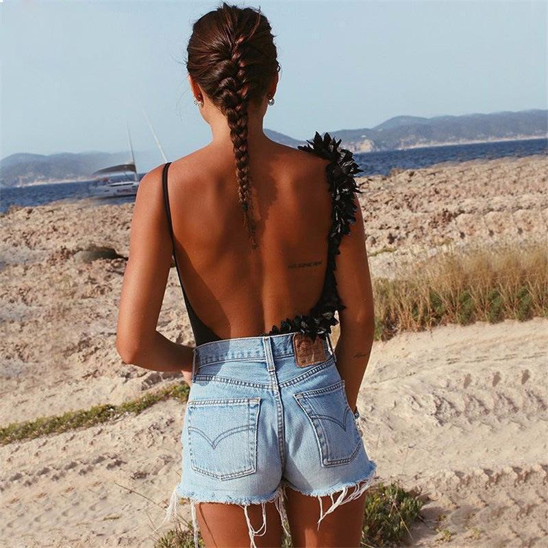 Summer Sexy V Neck Lace Stitching Backless One-Piece Swimsuit Bikini