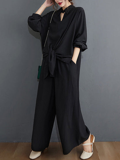 Simple Solid Color Lapel T-Shirt Tops+Loose Pants Two Pieces Set