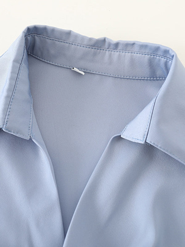 Long Sleeves Knot Pleated Solid Color Split-Joint Lapel Blouses&Shirts Tops