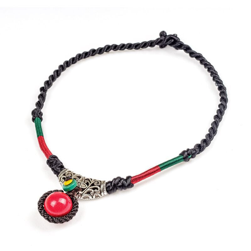 Original National Style Hand-Woven  Buckle Red Ball Women'S Necklace Retro Cotton Hemp Accessory Red Bean Collarbone Chain