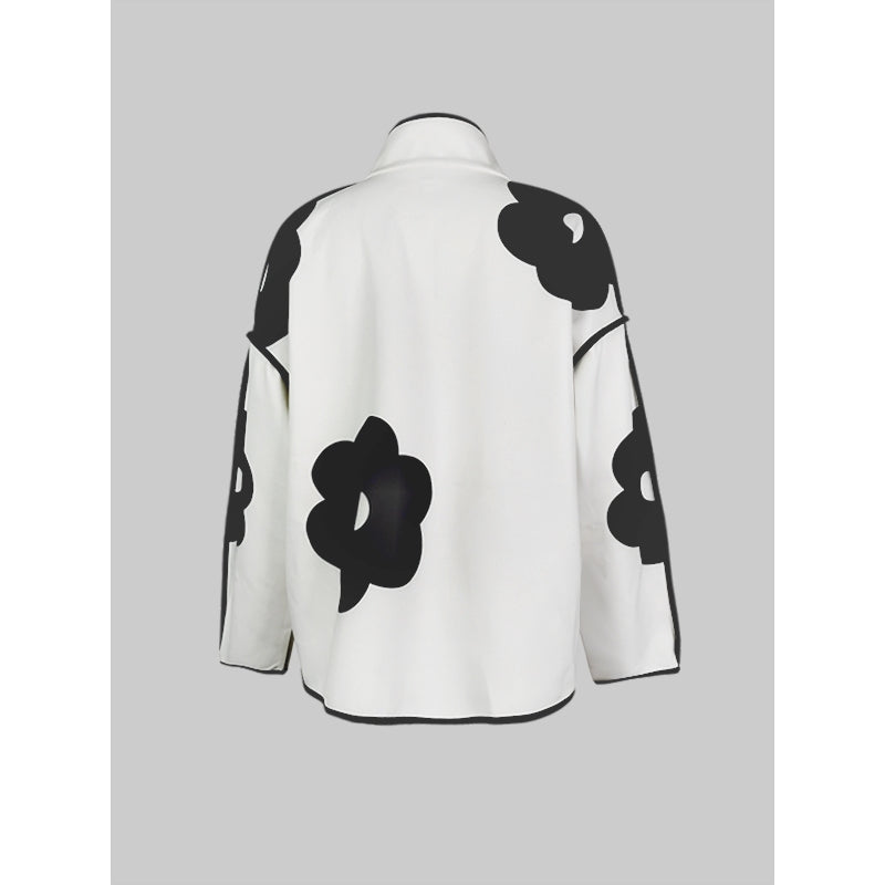 Long Sleeves Loose Contrast Color Flower Print Split-Joint Stand Collar Jackets Outerwear