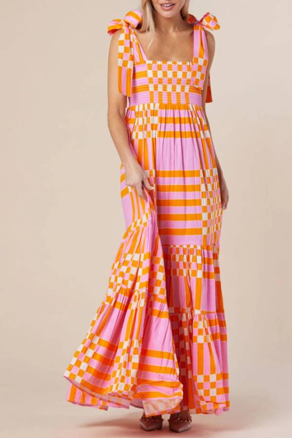 Pink Tie Strap Plaid \u0026 Striped Smocked Maxi Dress