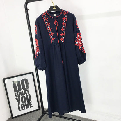 New Ethnic Style Long Sleeved Mid Length Dress With Embroidered Lace Up Loose A-Line Lantern Sleeve Dress