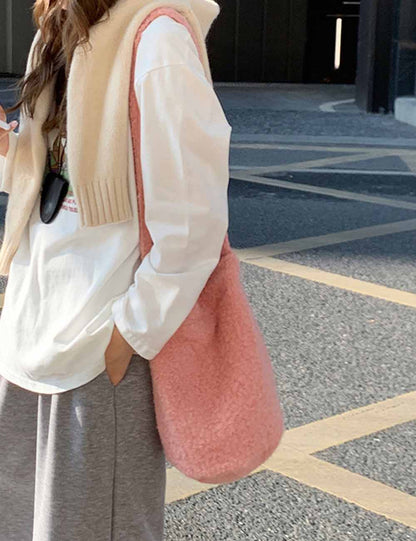 Simple Solid Color Plush Shoulder Bucket Bag