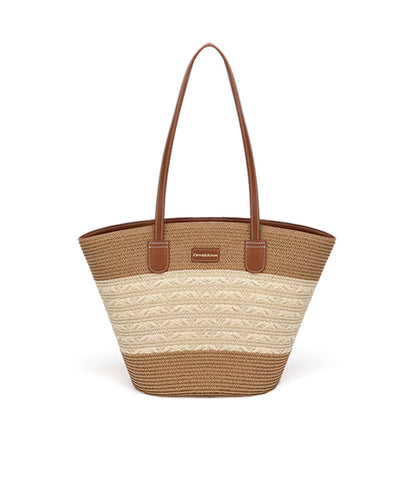 Stylish Khaki Large Capacity Durable Straw Woven Shoulder Bag