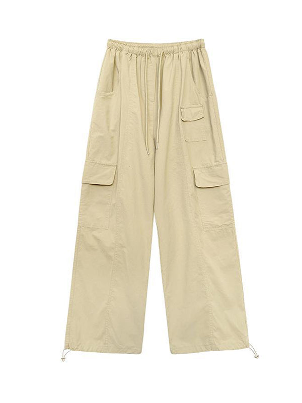 High Waisted Loose Drawstring Elasticity Pockets Solid Color Split-Joint Pants Trousers