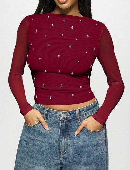 Rhinestone Mesh Solid Color Long Sleeve Blouse