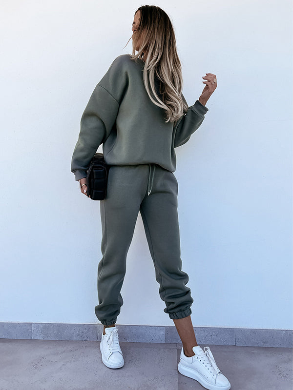 Solid Crew Neck Drawstring Sweatshirt & Pants Sport Suits