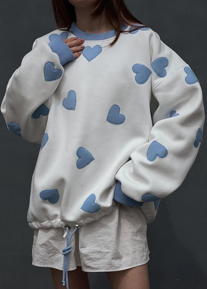 White Sweatshirt Soft Fabric Blue Heart Appliques
