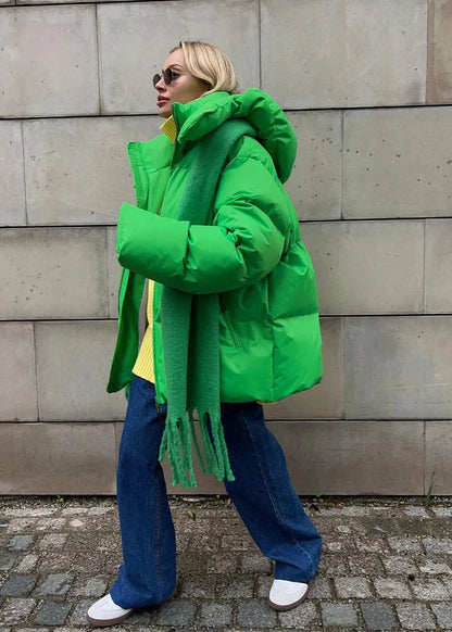 Neon Green Cotton Puffer Jacket With Hood