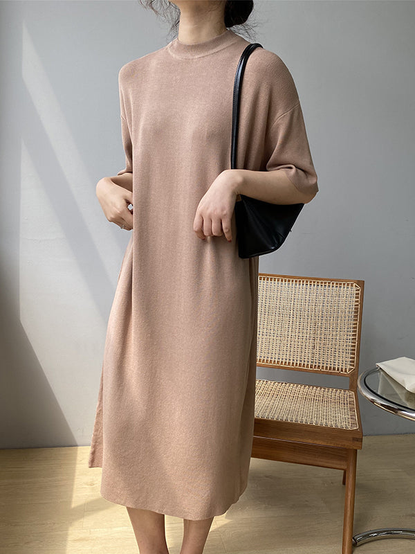 Loose Short Sleeves Solid Color Split-Joint Round-Neck Midi Dresses Sweater Dresses