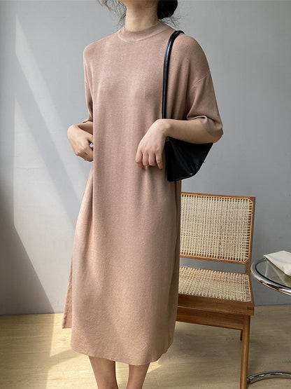 Loose Short Sleeves Solid Color Split-Joint Round-Neck Midi Dresses Sweater Dresses