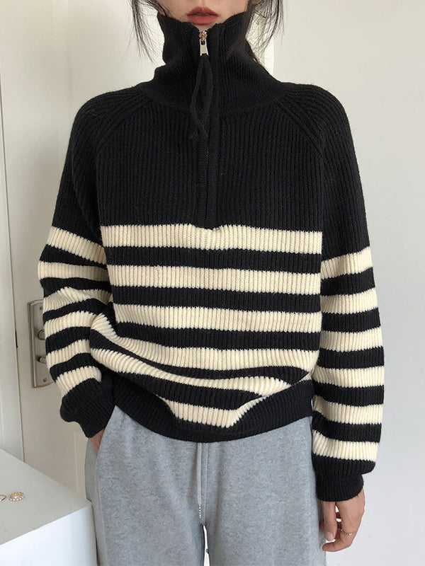 Urban Striped Zipper High-Neck Sweater Tops Pullovers