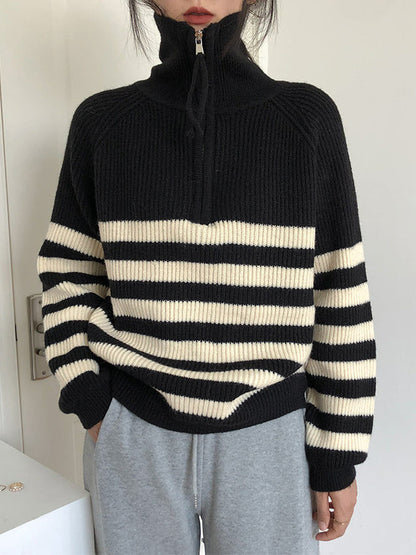 Urban Striped Zipper High-Neck Sweater Tops Pullovers