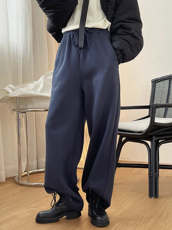 Simple Solid Color Drawstring  Waist Velvet Casual Wide Leg Pants