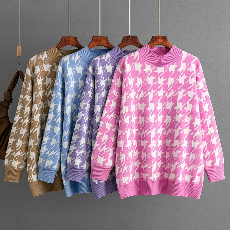 Houndstooth Crew Neck Loose Sweater