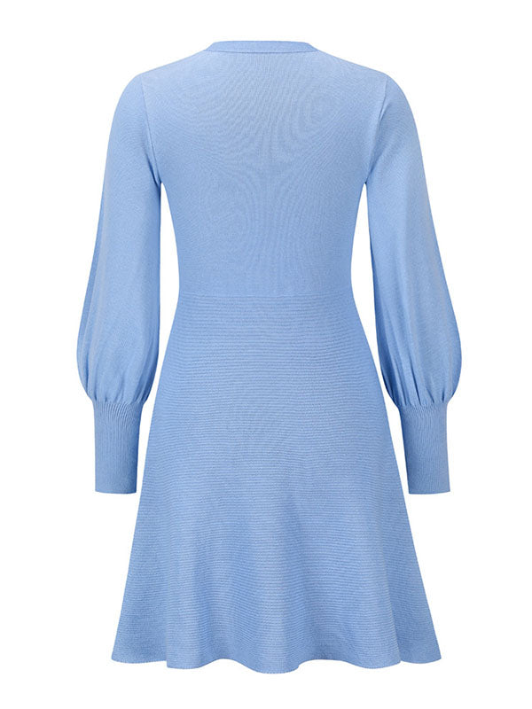 Puff Sleeves Wrap Solid Color Round-Neck Mini Dresses