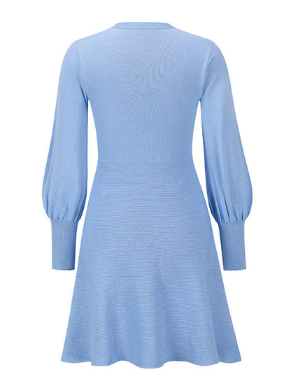Puff Sleeves Wrap Solid Color Round-Neck Mini Dresses