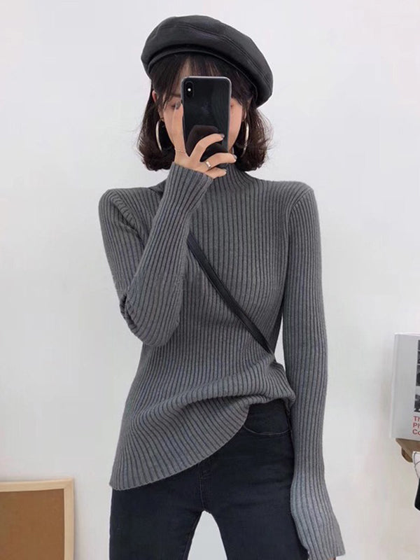 9 Colors Knitting Split-Joint Solid Color High-Neck Sweater