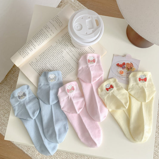 Rufia - Embroidered Bow Bear Low-Cut Socks