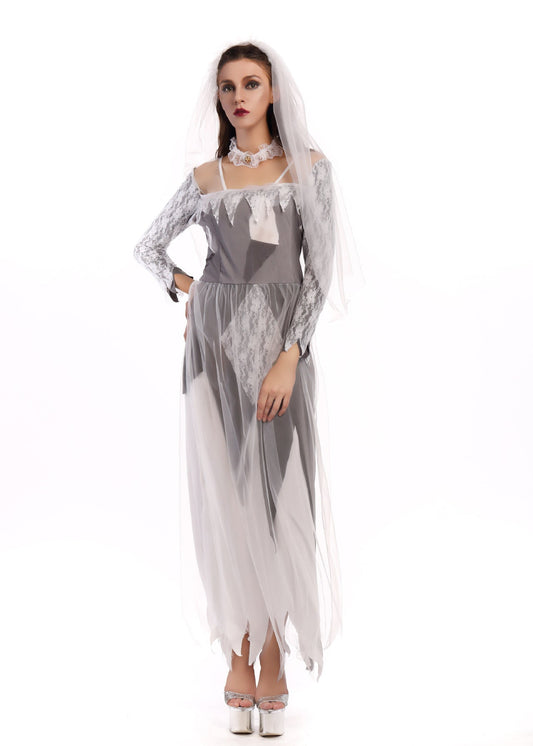 Haunted Wedding Dress With Lace Sleeves And Veil